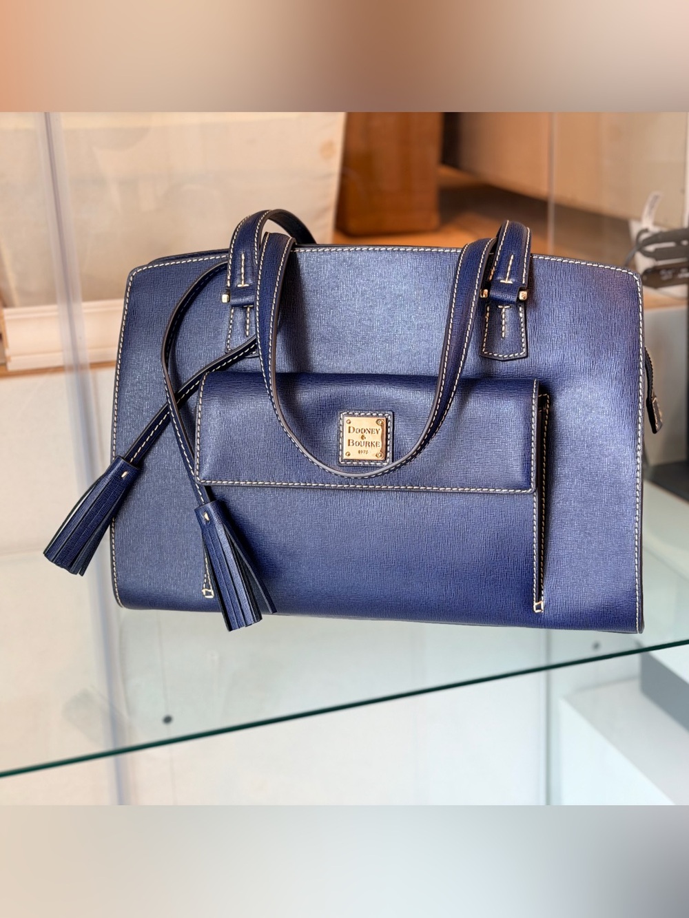 Dooney & Bourke Navy Structured Saffiano Tote with Tassel